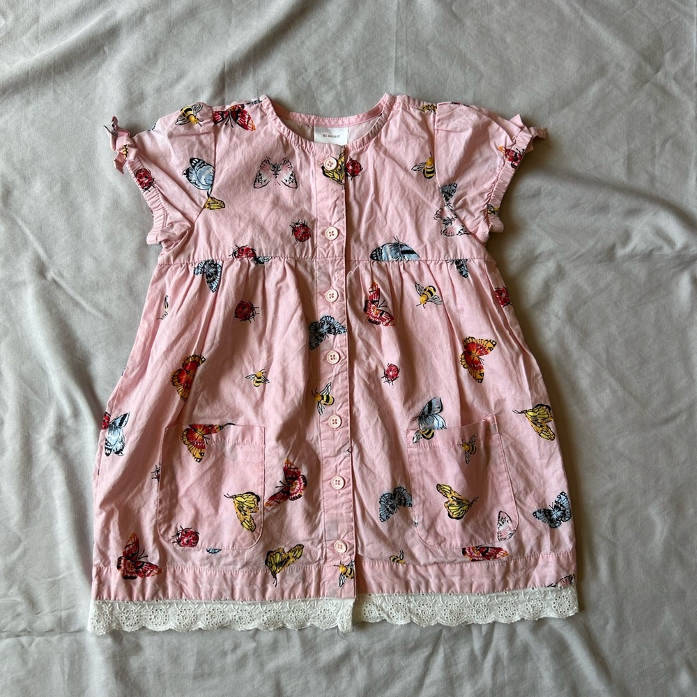 Hanna Andersson Pink Butterfly Button-Front Dress with Lace Trim, 2t